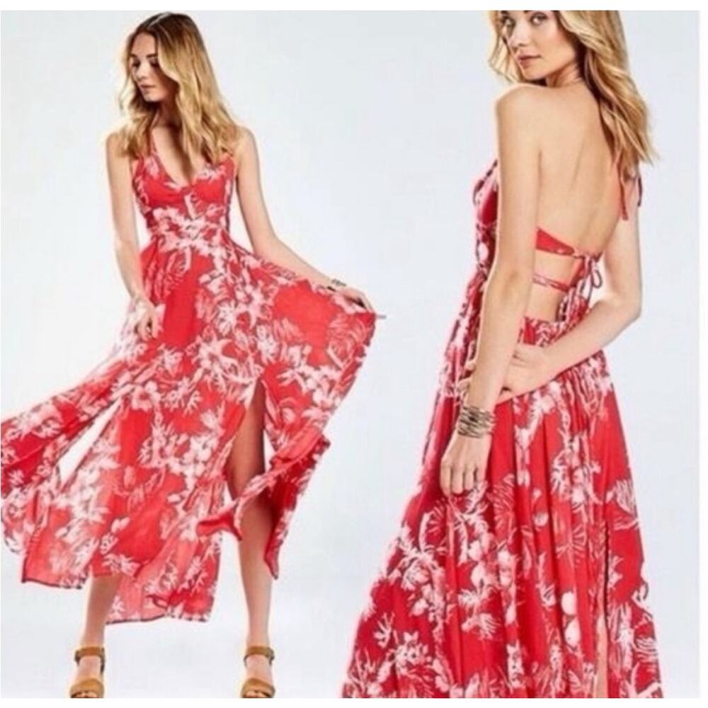 Free People Red Floral Lille Halter Cutout Tie Back Flowy Boho Maxi Dress Small - Picture 2 of 6